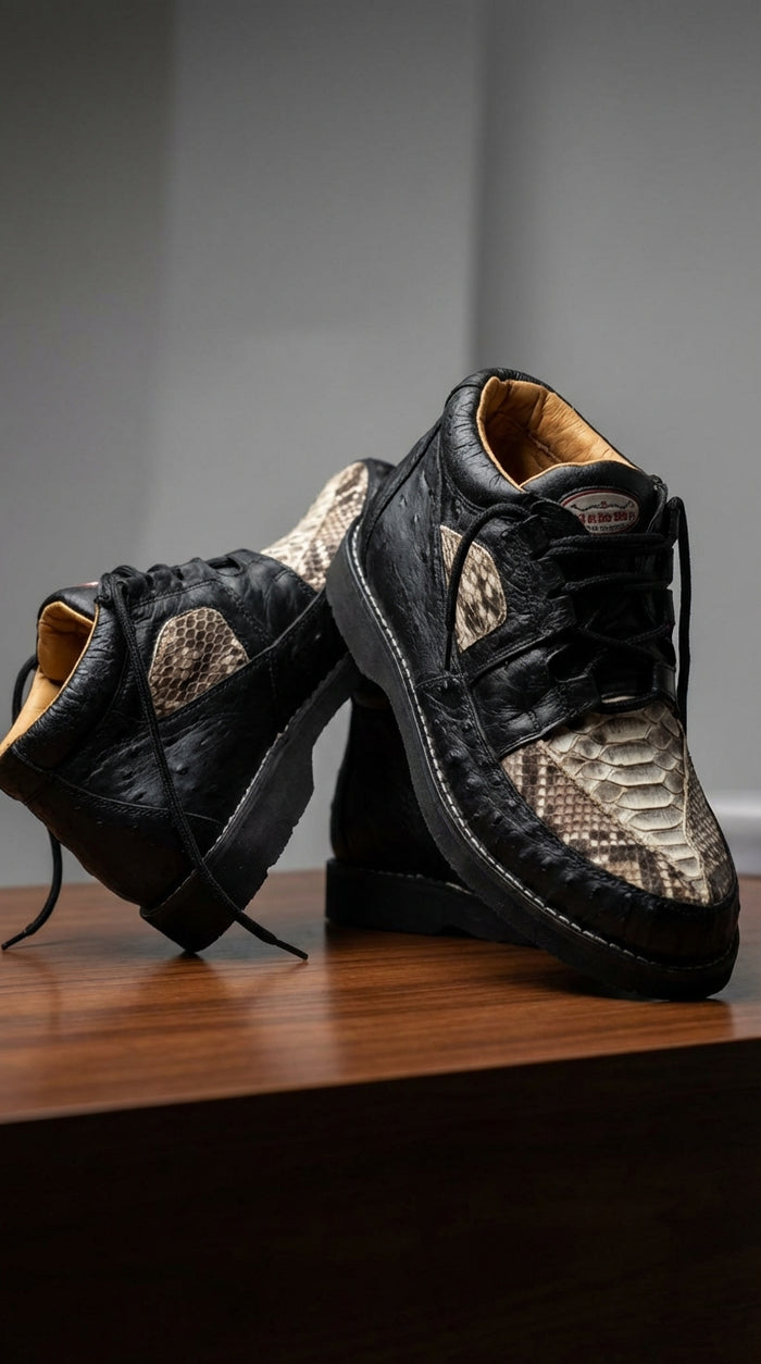 Mens Black and Natural Exotic Alligator Crocodile Casual Shoes Ostrich and Snakeskin Pattern Lace Up Dress Shoes - Boot By Los Altos