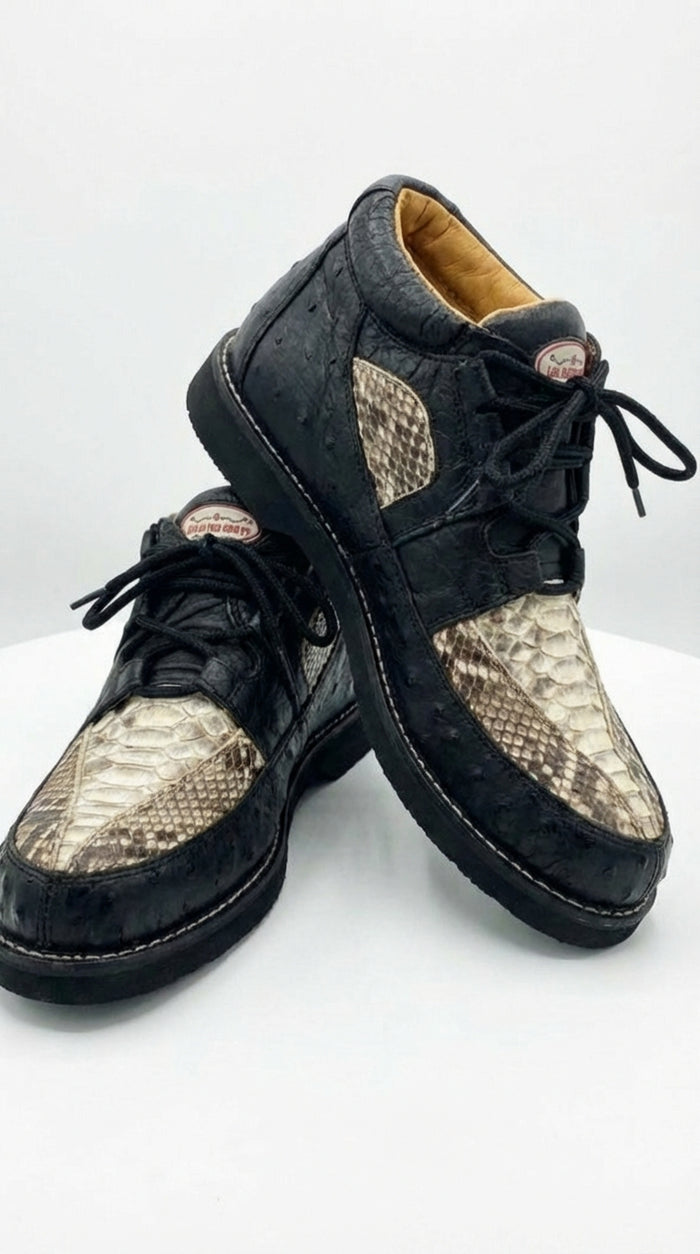 Mens Black and Natural Exotic Alligator Crocodile Casual Shoes Ostrich and Snakeskin Pattern Lace Up Dress Shoes - Boot By Los Altos