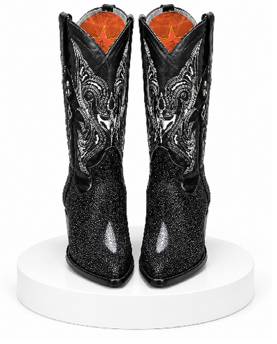 Los Altos Boots Black Genuine Stingray Mantarraya Skin Single Stone Western Cowboy Botas De Mantarraya - Mantarraya Boots (EE)