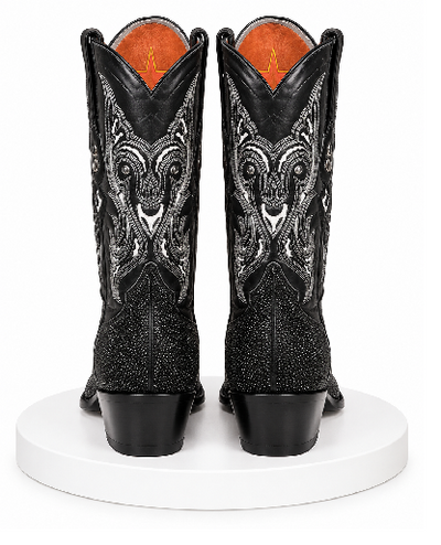 Los Altos Boots Black Genuine Stingray Mantarraya Skin Single Stone Western Cowboy Botas De Mantarraya - Mantarraya Boots (EE)