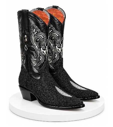 Los Altos Boots Black Genuine Stingray Mantarraya Skin Single Stone Western Cowboy Botas De Mantarraya - Mantarraya Boots (EE)