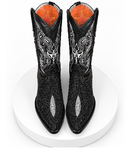 Los Altos Boots Black Genuine Stingray Mantarraya Skin Single Stone Western Cowboy Botas De Mantarraya - Mantarraya Boots (EE)
