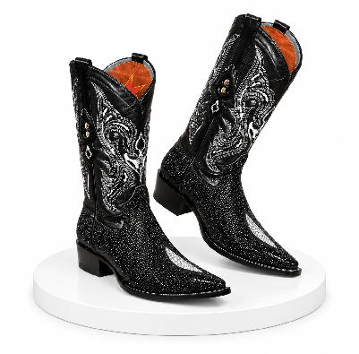 Los Altos Boots Black Genuine Stingray Mantarraya Skin Single Stone Western Cowboy Botas De Mantarraya - Mantarraya Boots (EE)