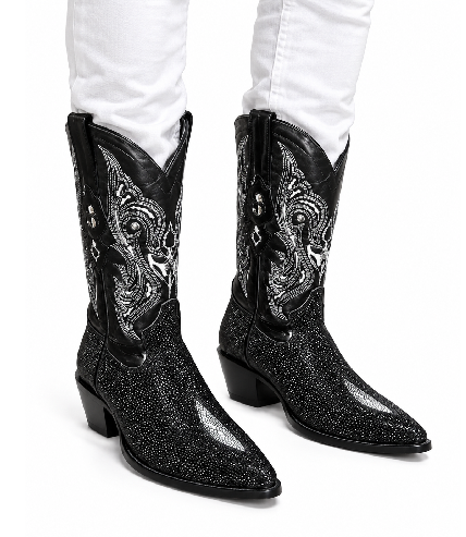 Los Altos Boots Black Genuine Stingray Mantarraya Skin Single Stone Western Cowboy Botas De Mantarraya - Mantarraya Boots (EE)