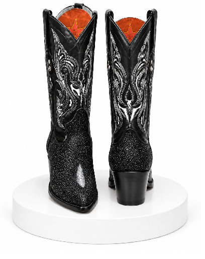 Los Altos Boots Black Genuine Stingray Mantarraya Skin Single Stone Western Cowboy Botas De Mantarraya - Mantarraya Boots (EE)