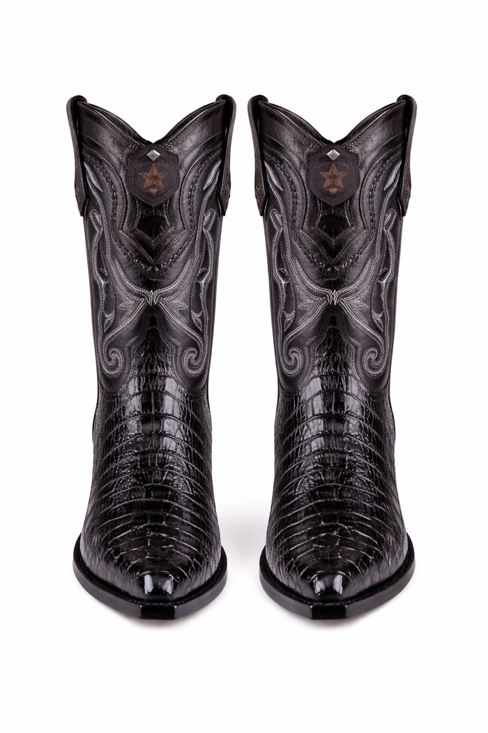Los Altos Boots Caiman Tail Black Pointed Toe Cowboy Boots-New Designer Collection
