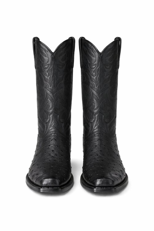Los Altos Boots Men's Black Ostrich Square 7-Toe Cowboy Boots - Botas De Avestruz-New Designer Collection