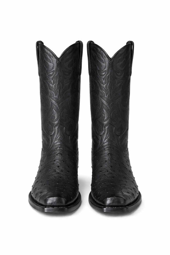 Los Altos Boots Men's Black Ostrich Square 7-Toe Cowboy Boots - Botas De Avestruz-New Designer Collection