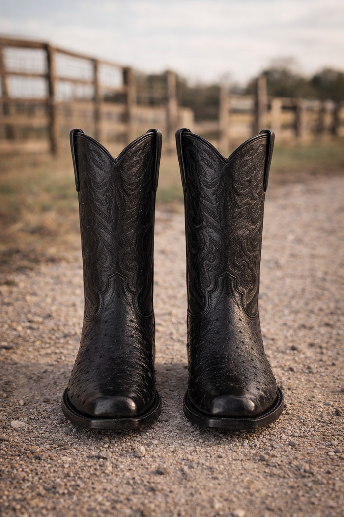 Los Altos Boots Men's Black Ostrich Square 7-Toe Cowboy Boots - Botas De Avestruz-New Designer Collection