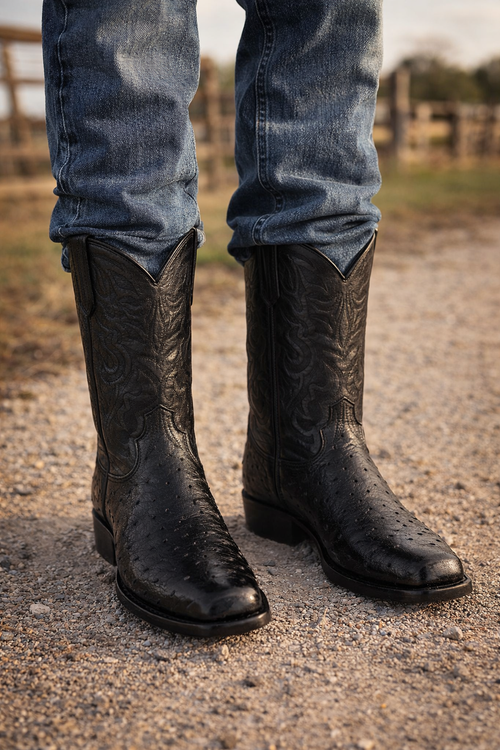 Los Altos Boots Men's Black Ostrich Square 7-Toe Cowboy Boots - Botas De Avestruz-New Designer Collection