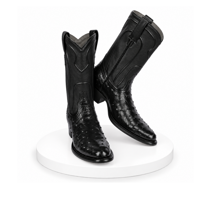 Los Altos Boots Men's Ostrich Roper Western Boots Black