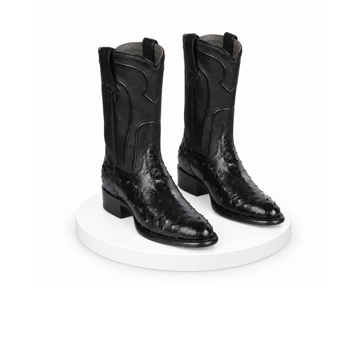Los Altos Boots Men's Ostrich Roper Western Boots Black