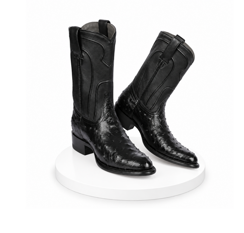 Los Altos Boots Men's Ostrich Roper Western Boots Black
