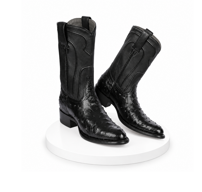 Los Altos Boots Men's Ostrich Roper Western Boots Black