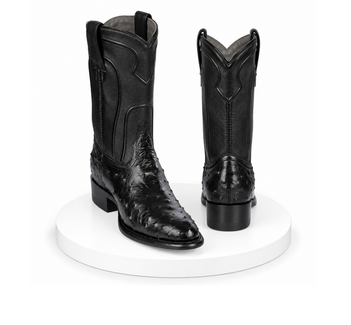 Los Altos Boots Men's Ostrich Roper Western Boots Black