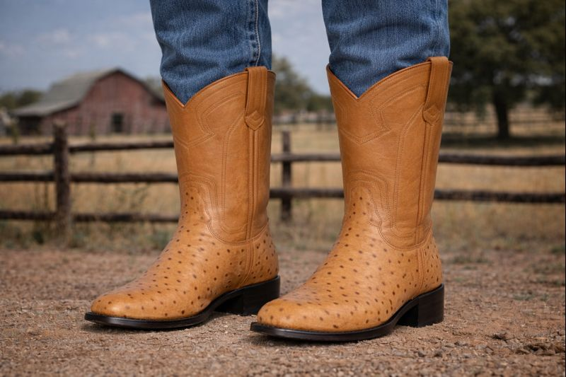 Los Altos Boots Men's Ostrich Roper Western Boots Honey-New Designer Collection - 6.0 Standard / D / Medium