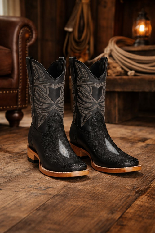 Los Altos Boots Single Stone Stingray and Deer Black-New Designer Collection