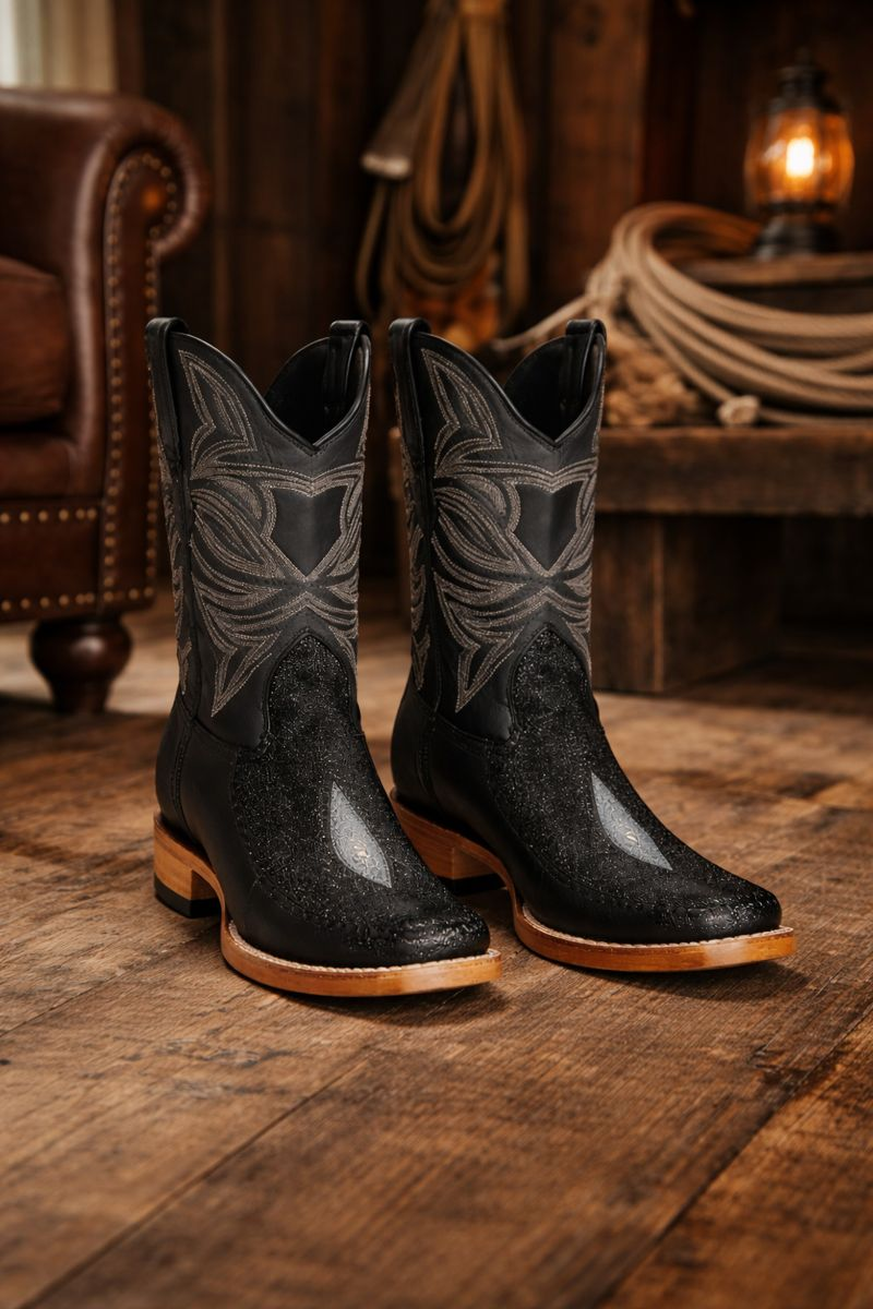Los Altos Boots Single Stone Stingray and Deer Black-New Designer Collection - 6.5 Standard / D / Medium