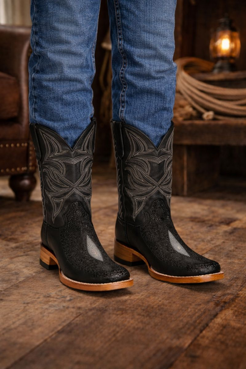 Los Altos Boots Single Stone Stingray and Deer Black-New Designer Collection