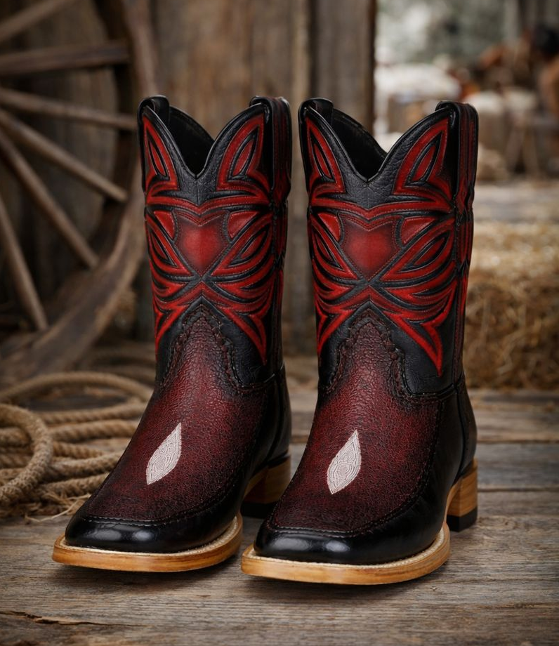 Los Altos Boots Single Stone Stingray and Deer Faded Burgundy-New Designer Collection - 6.0 Standard / D / Medium