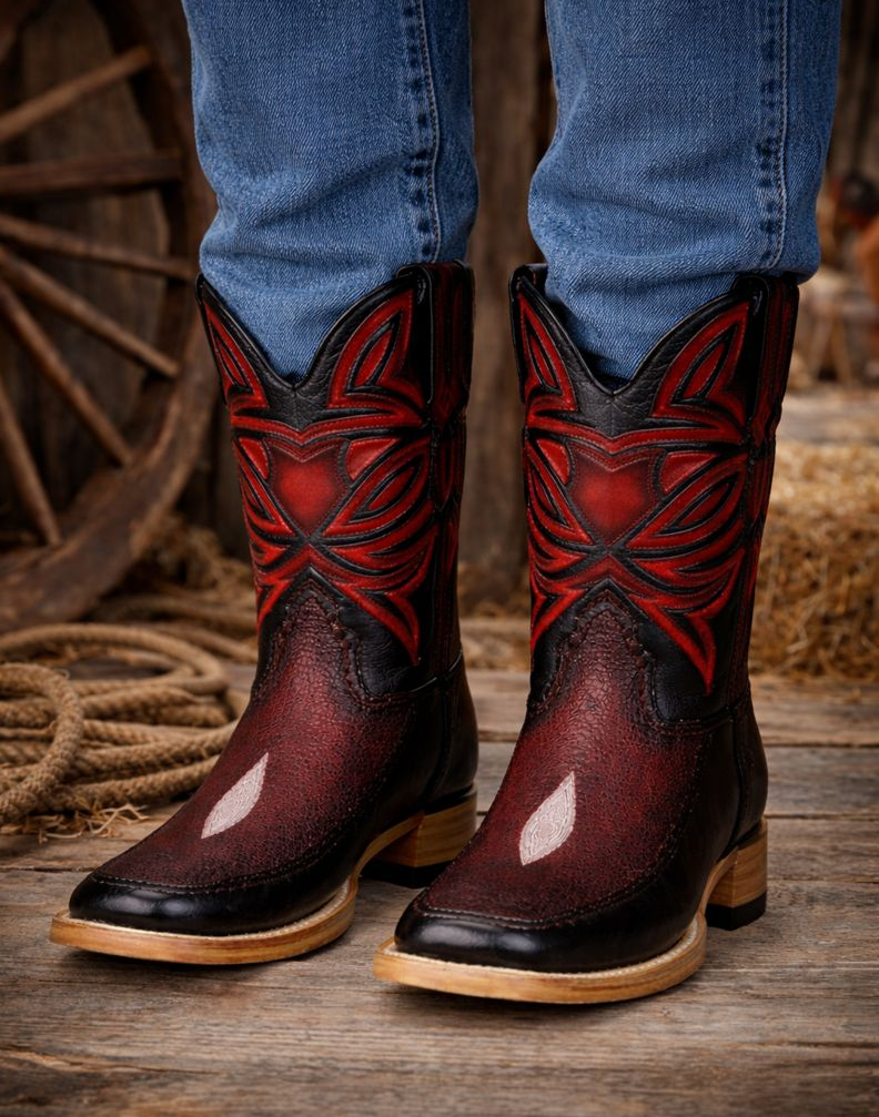 Los Altos Boots Single Stone Stingray and Deer Faded Burgundy-New Designer Collection - 6.0 Standard / D / Medium