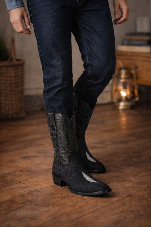 Los Altos Boots Single Stone Stingray R-Toe Black Cowboy Botas de mantarraya - Mantarraya boots-New Designer Collection