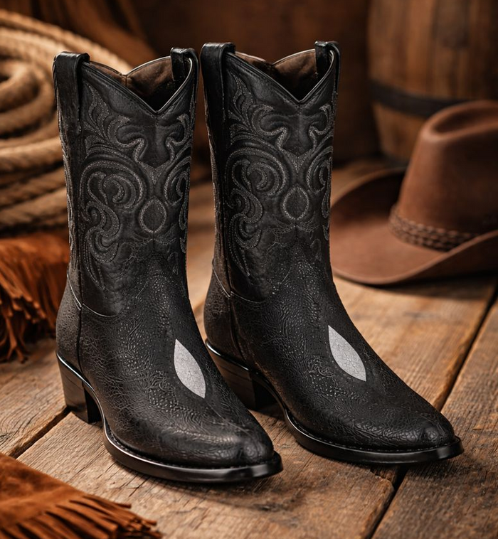 Los Altos Men's Black Exotic Stingray Round Toe Boots-New Designer Collection