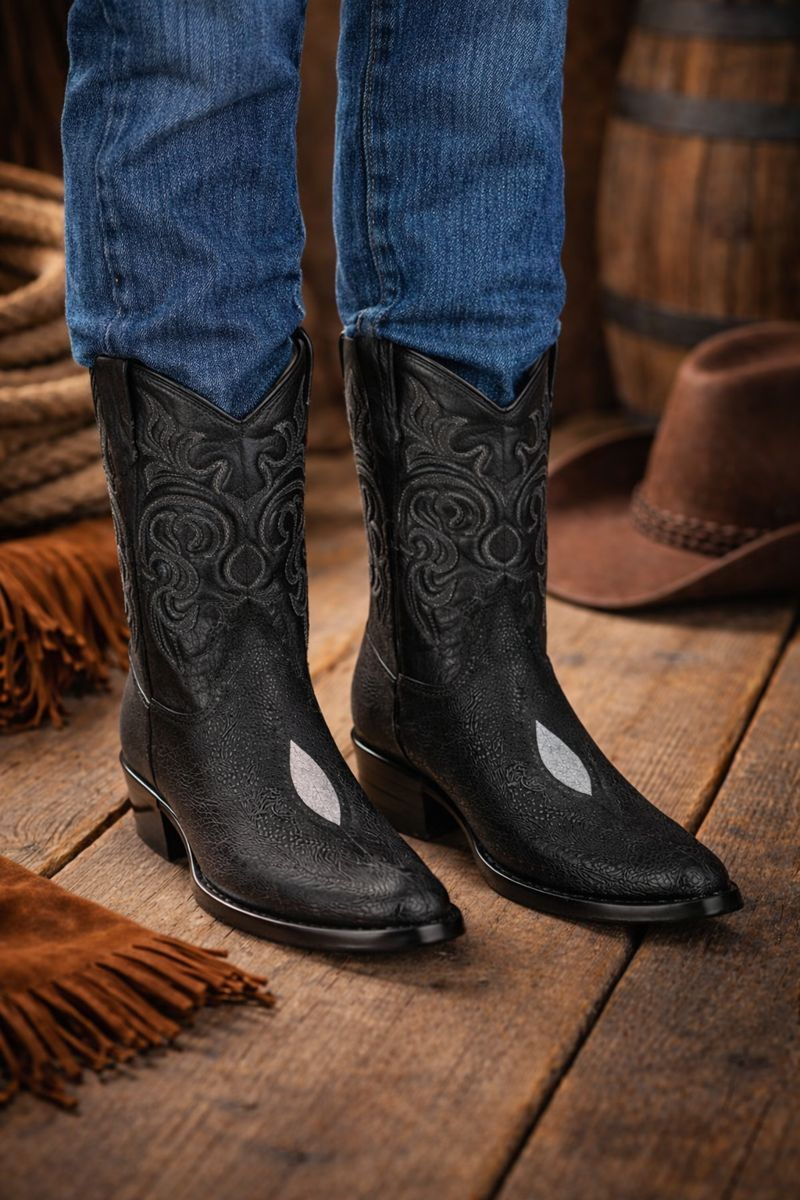 Los Altos Men's Black Exotic Stingray Round Toe Boots-New Designer Collection - 6