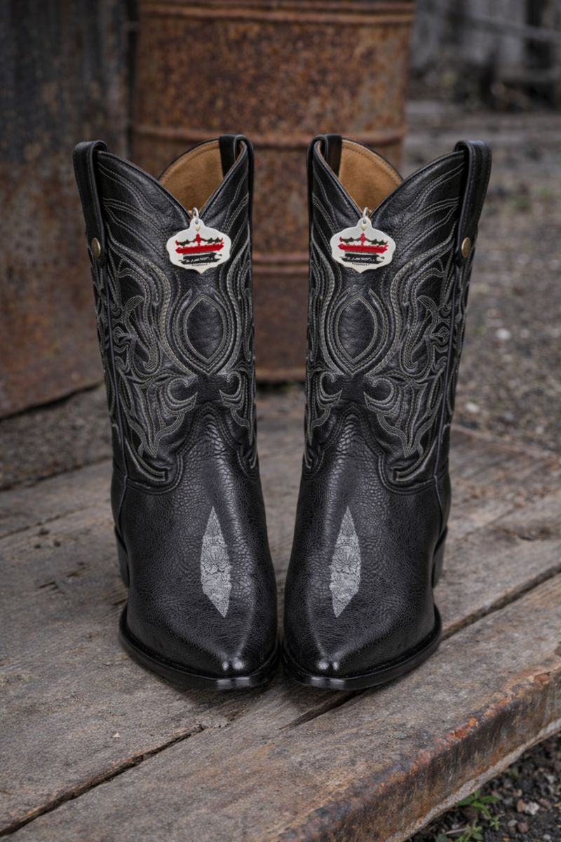 Los Altos Men's Exquisite Black Genuine Single Stone Stingray Boots-New Designer Collection - 6