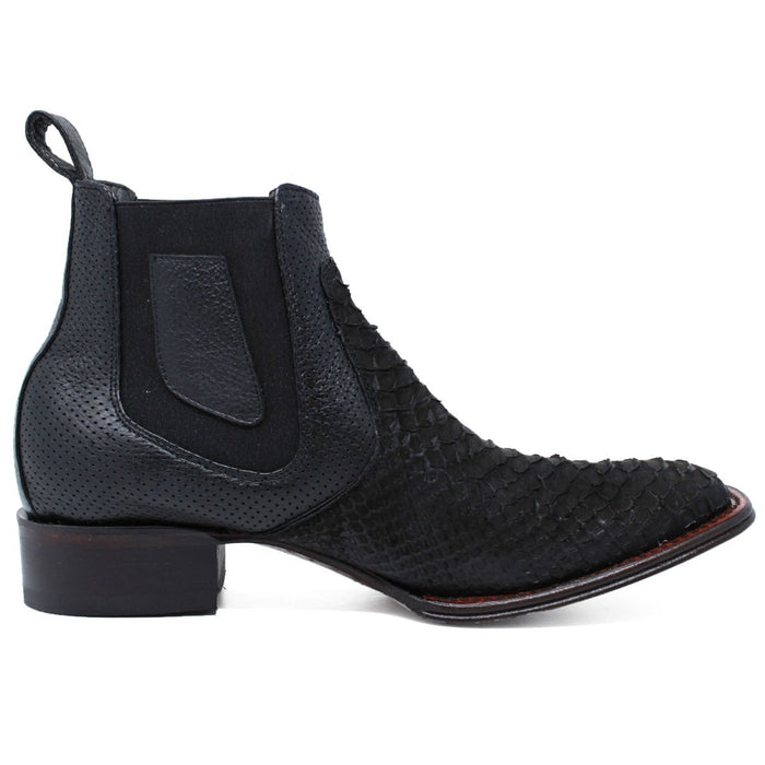 Los Altos Men's Genuine Python Skin Square Toe Ankle Boots - Black - 6