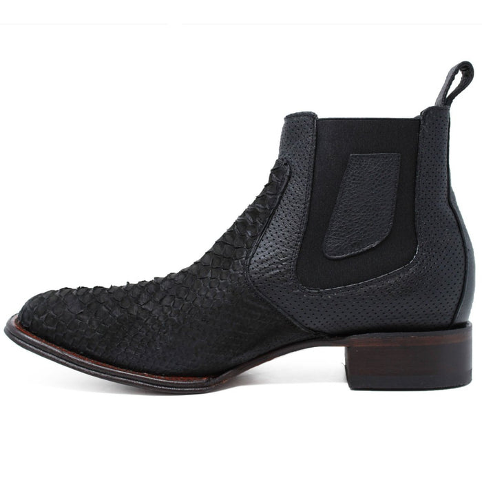 Los Altos Men's Genuine Python Skin Square Toe Ankle Boots - Black - 6