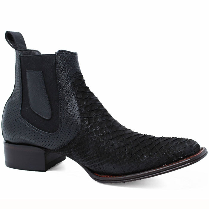 Los Altos Men's Genuine Python Skin Square Toe Ankle Boots - Black - 6