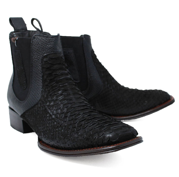 Los Altos Men's Genuine Python Skin Square Toe Ankle Boots - Black - 6