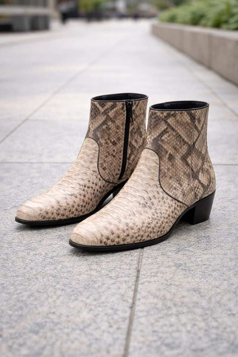 Los Altos Men’s Natural Genuine Python Snakeskin Leather Ankle Boots-New Designer Collection - 8