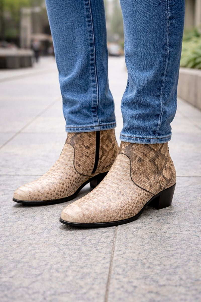 Los Altos Men’s Natural Genuine Python Snakeskin Leather Ankle Boots-New Designer Collection - 8