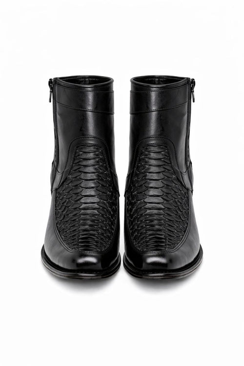 Los Altos Men's Original Python Skin European Toe Short Boots - Black 76BFN5705-New Designer Collection