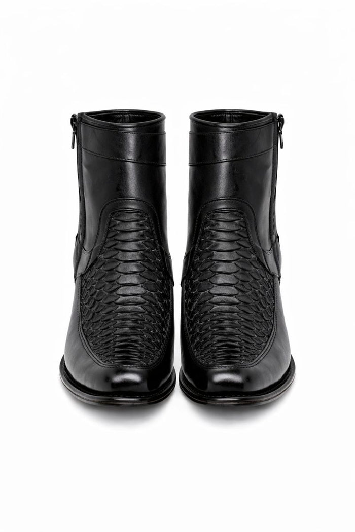 Los Altos Men's Original Python Skin European Toe Short Boots - Black 76BFN5705-New Designer Collection