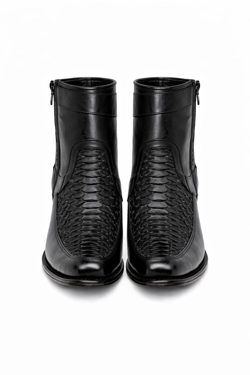 Los Altos Men's Original Python Skin European Toe Short Boots - Black 76BFN5705-New Designer Collection - 6