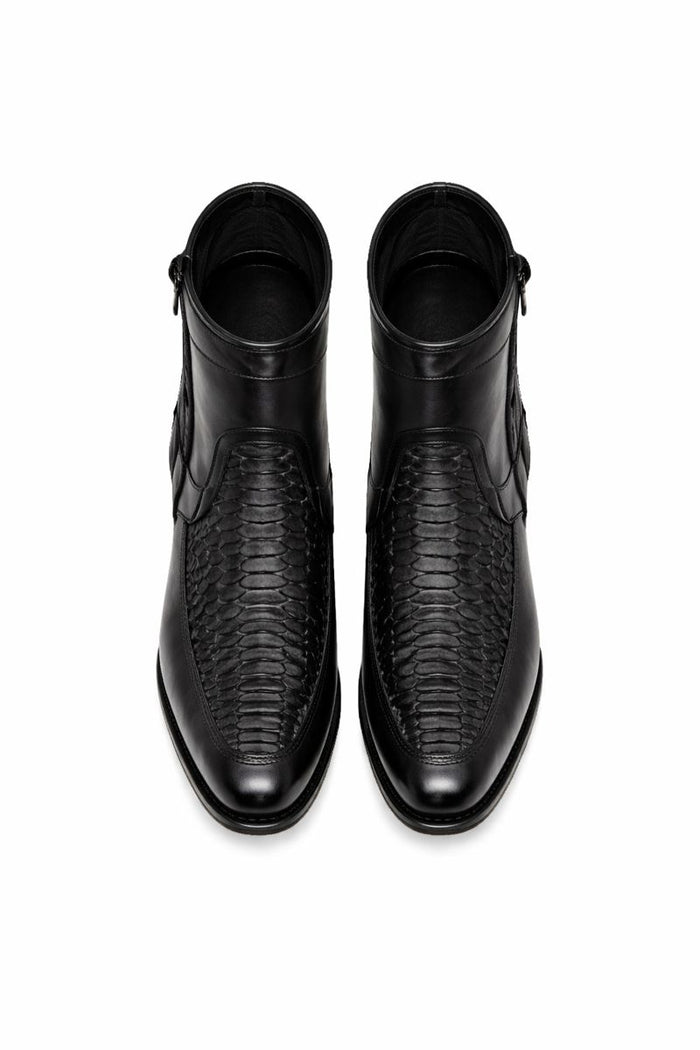 Los Altos Men's Original Python Skin European Toe Short Boots - Black 76BFN5705-New Designer Collection