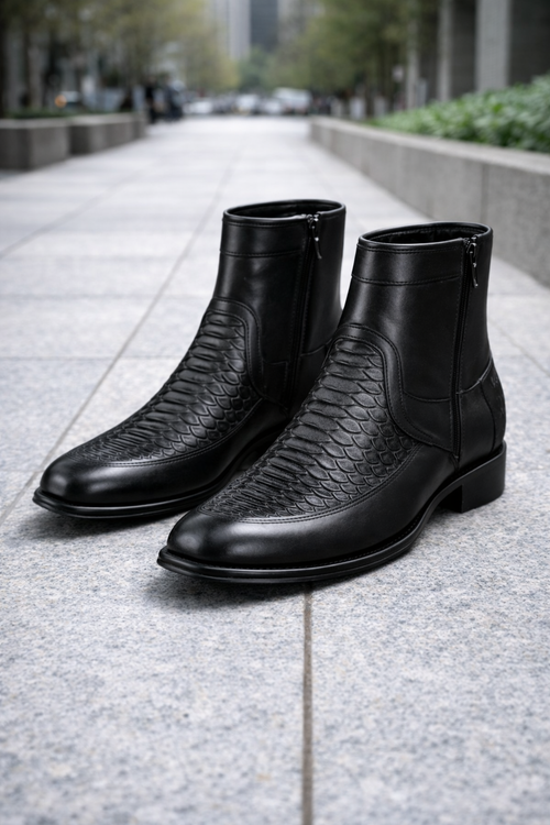 Los Altos Men's Original Python Skin European Toe Short Boots - Black 76BFN5705-New Designer Collection