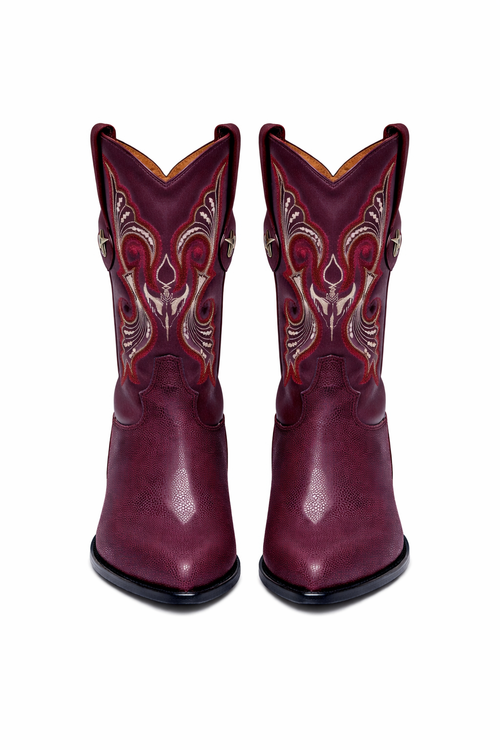 Los Altos Men's Single Stone Stingray Leather Burgundy J Toe Boots-New Designer Collection