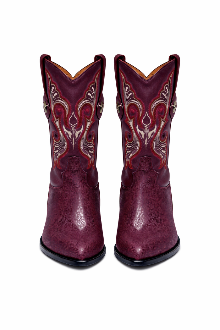 Los Altos Men's Single Stone Stingray Leather Burgundy J Toe Boots-New Designer Collection