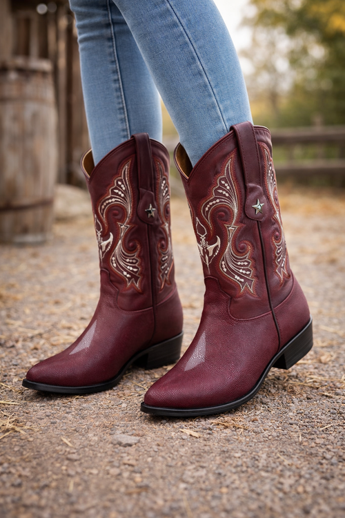 Los Altos Men's Single Stone Stingray Leather Burgundy J Toe Boots-New Designer Collection