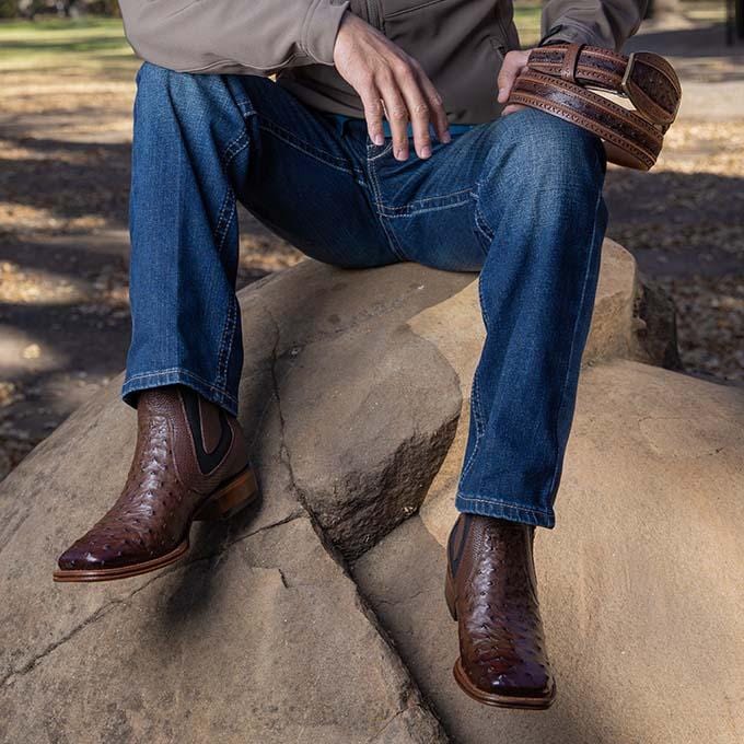 Los Altos Men's Wide Square Toe Ostrich Short Boots - Brown 82BV0359 - 6