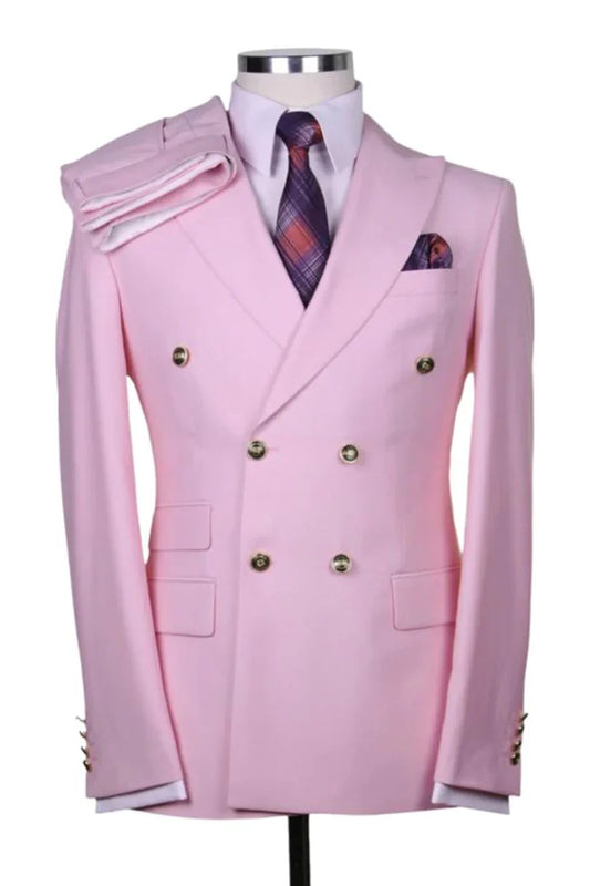 Best  Mens Designer Modern Fit Double Breasted Wool Suit with Gold Buttons in Pink  - For Men  Fashion Perfect For Wedding or Prom or Business  or Church Pink Prom Suits