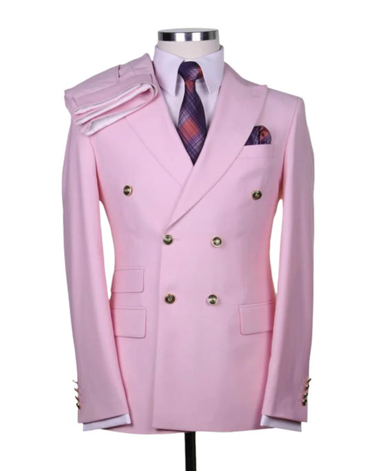 Mens Double breasted Suit - "Pink" 1920s 1980s Style Peak Lapel Suits -  Back Side Vented  Mens Designer Modern Fit Double Breasted Wool Feel Suit - Designer Brand with Gold Buttons in Pink