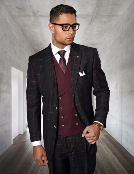 Modern Fit - Statement Mens 3-Piece 100% Wool Modern Fit Suit Bold Accent Color Design - 38 Short Jacket+32 Waist Adjustable 28to34)(Height: 5 4 to5 7 )(Neck  15-16.5)S-M)
