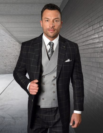 Modern Fit - Statement Mens 3-Piece 100% Wool Modern Fit Suit Bold Accent Color Design - 38 Short Jacket+32 Waist Adjustable 28to34)(Height: 5 4 to5 7 )(Neck  15-16.5)S-M)