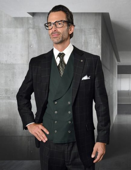 Modern Fit - Statement Mens 3-Piece 100% Wool Modern Fit Suit Bold Accent Color Design - 38 Short Jacket+32 Waist Adjustable 28to34)(Height: 5 4 to5 7 )(Neck  15-16.5)S-M)