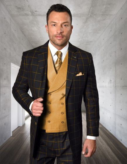 Modern Fit - Statement Mens 3-Piece 100% Wool Modern Fit Suit Bold Accent Color Design - 38 Short Jacket+32 Waist Adjustable 28to34)(Height: 5 4 to5 7 )(Neck  15-16.5)S-M)